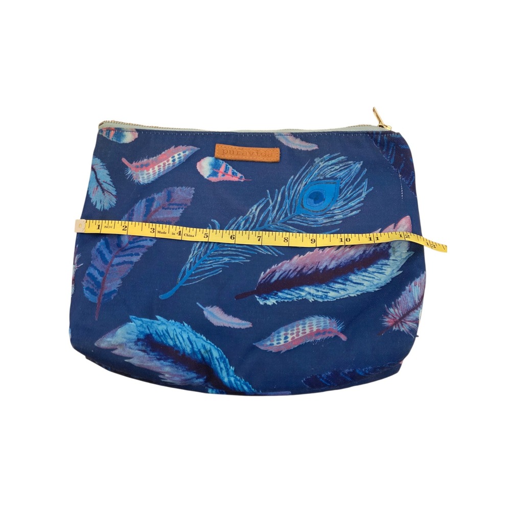 Pura Vida Navy Blue Peacock‎ Feather Print Canvas Pouch Makeup Bag Zippered Case - Picture 7 of 11